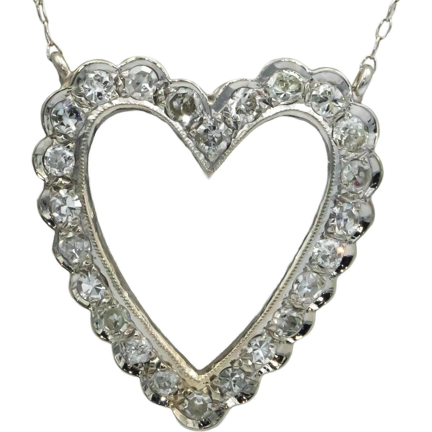 Vintage Antique 14k & 12k White Gold 1.25CT VS Diamond Heart Pendant Necklace