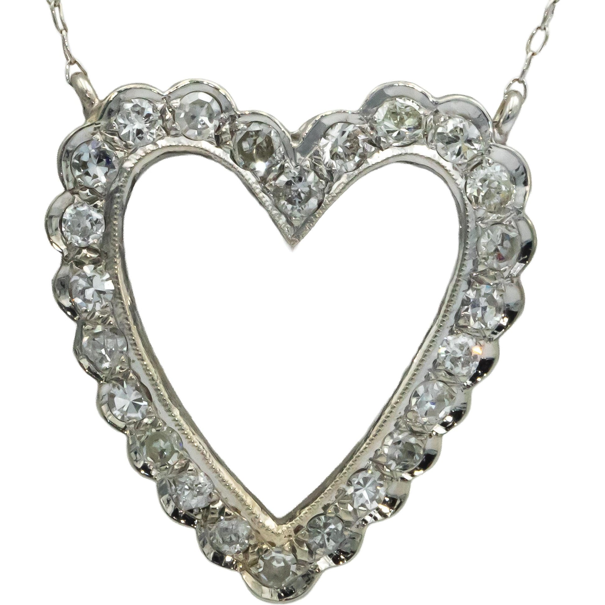 Vintage Antique 14k & 12k White Gold 1.25CT VS Diamond Heart Pendant Necklace