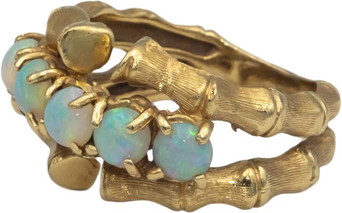 Vintage 14k Yellow Gold 1.0CT Opal Bamboo Style Ring Size 6