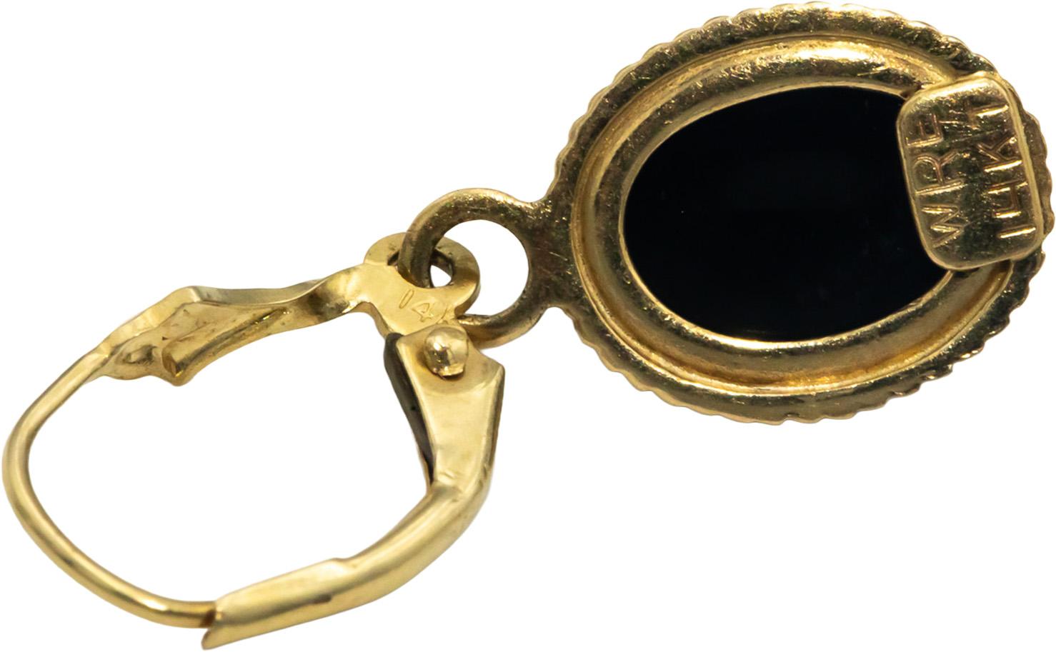 14k Yellow Gold 8.7 x 7.2mm Oval Cabochon Cut Onyx Drop Dangle Earrings
