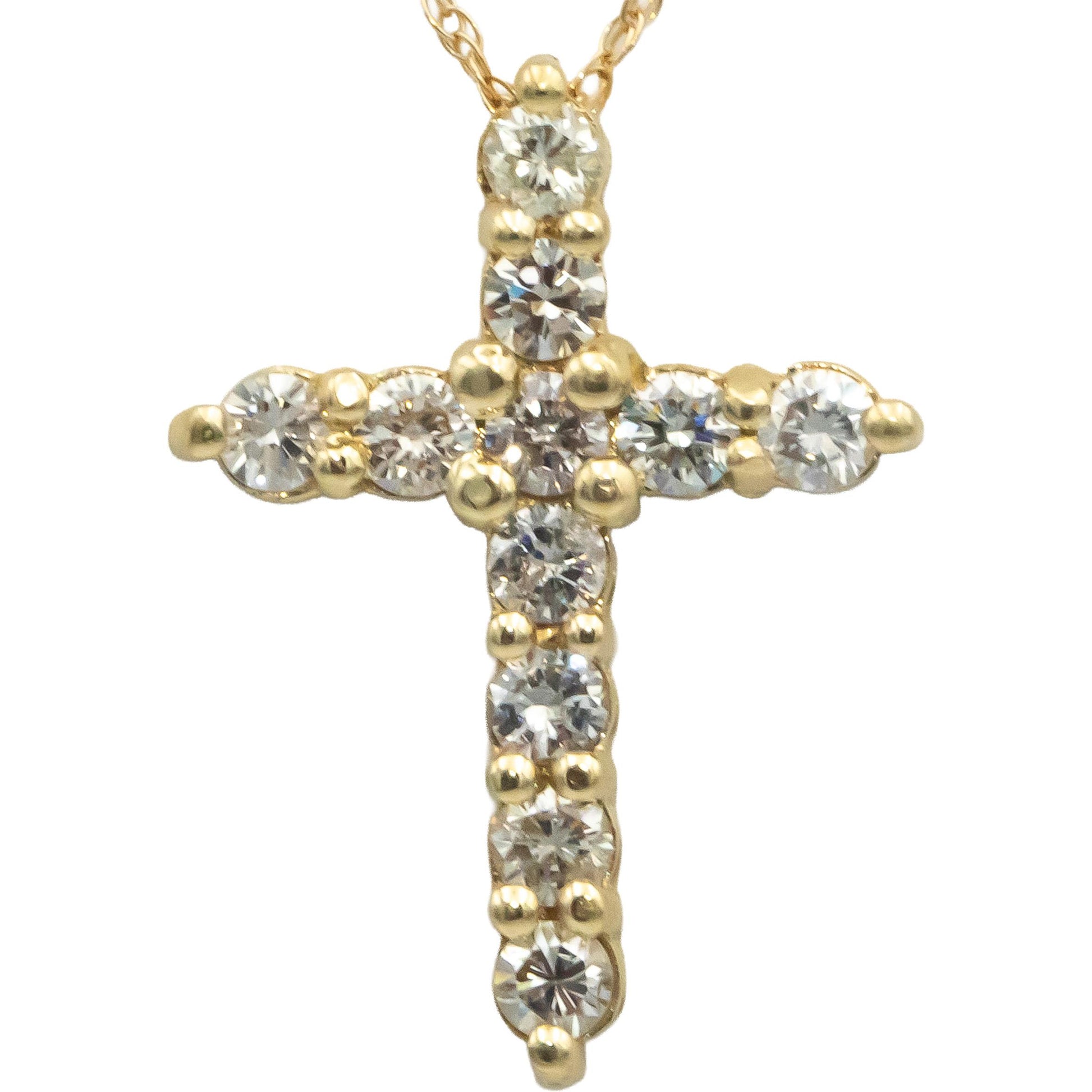 14k Yellow Gold 0.80CT Shared Prong Diamond Cross Crucifix Pendant  Necklace