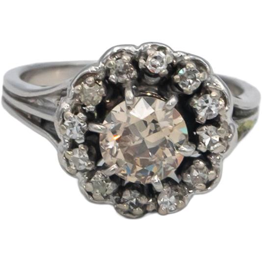 Vintage 14k White Gold 1.20CT Diamond Halo Ring w/ 1.0CT Center Size 6