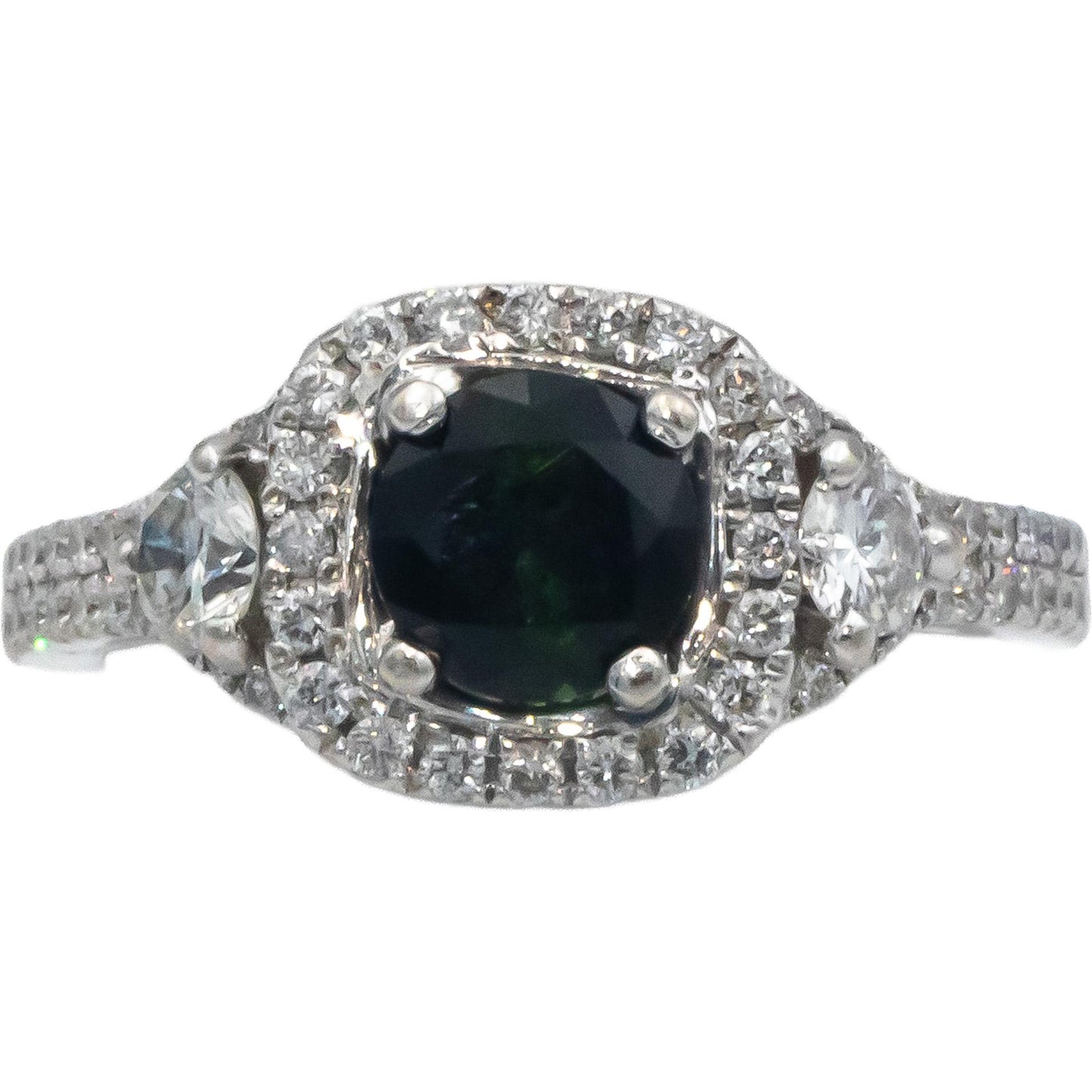 14k White Gold 1.50CT VS Diamond and Green Tourmaline Halo Ring Size 6