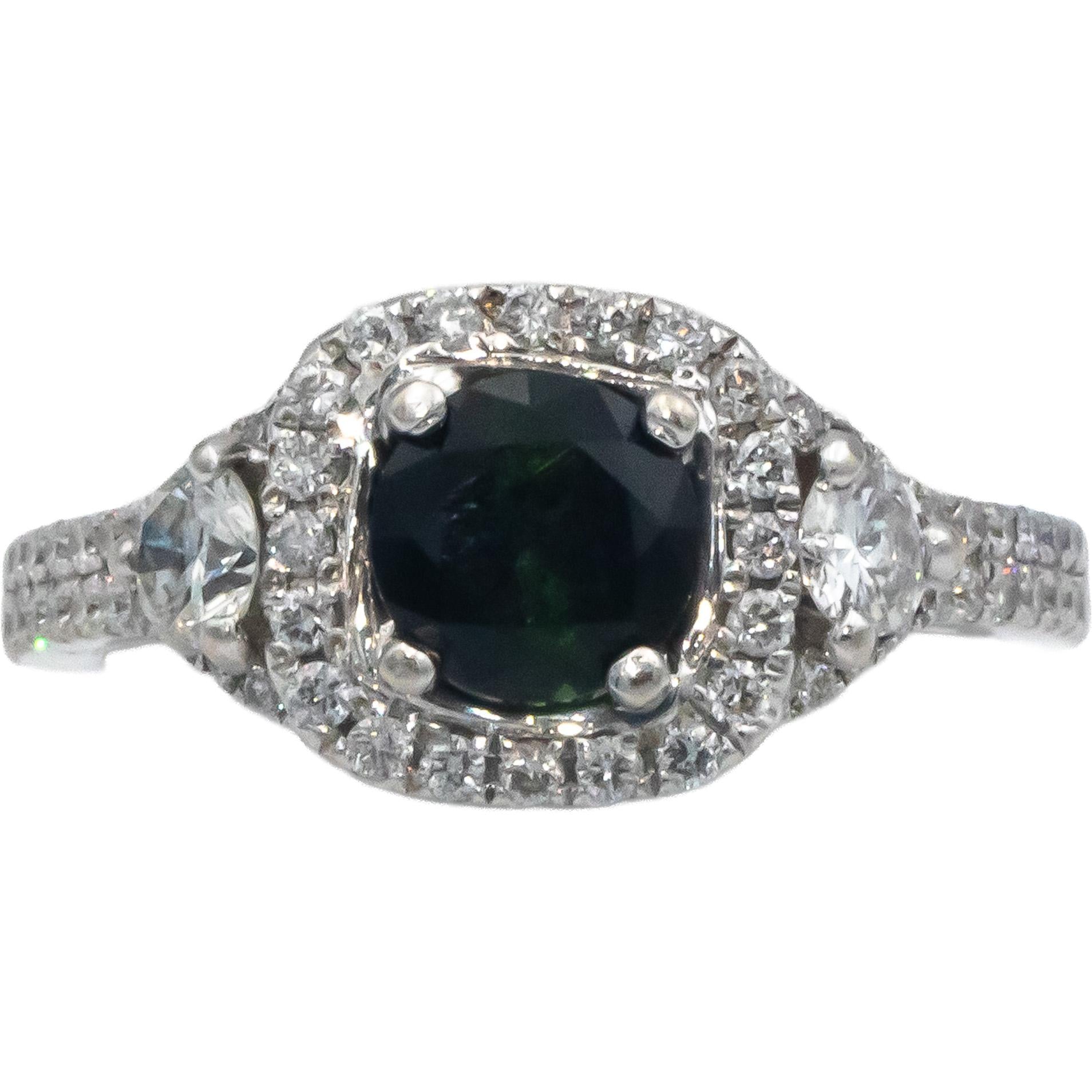 14k White Gold 1.50CT VS Diamond and Green Tourmaline Halo Ring Size 6