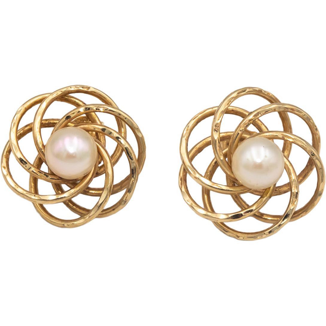 14k Yellow Gold Jewelry 6.2mm Diameter Pearl Stud Swirl Stud Earrings