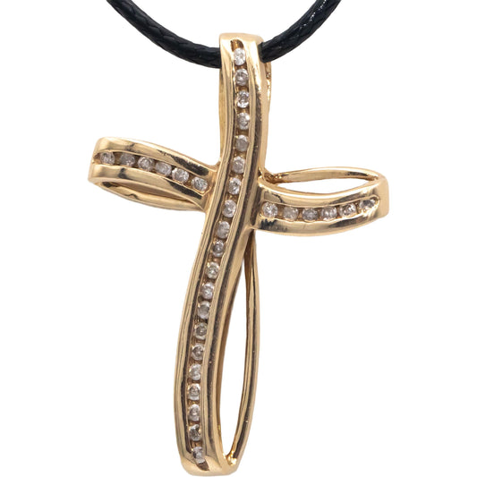10k Yellow Gold 0.50CT Diamond Cross Crucifix Pendant On Cord Necklace