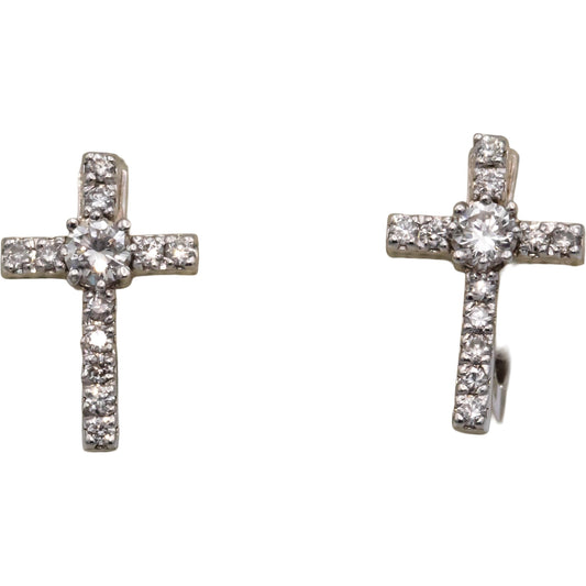 14k White Gold 0.50CT VS Round Cut Diamond Cross Crucifix Earrings