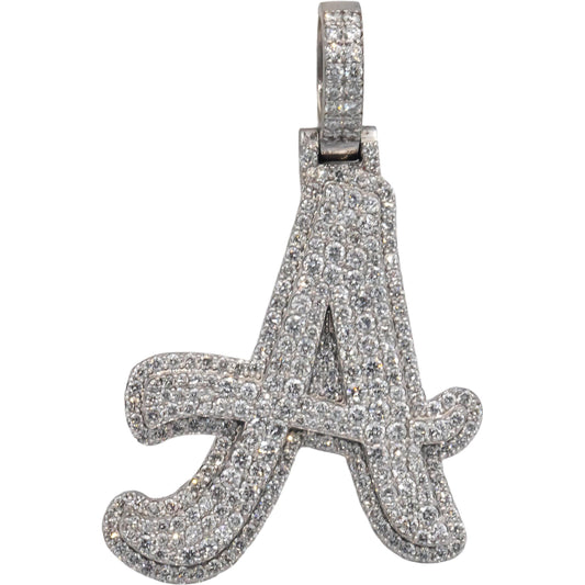 10k White Gold VS Round Cut Diamond Cluster Letter "A" Pendant 2.26CT