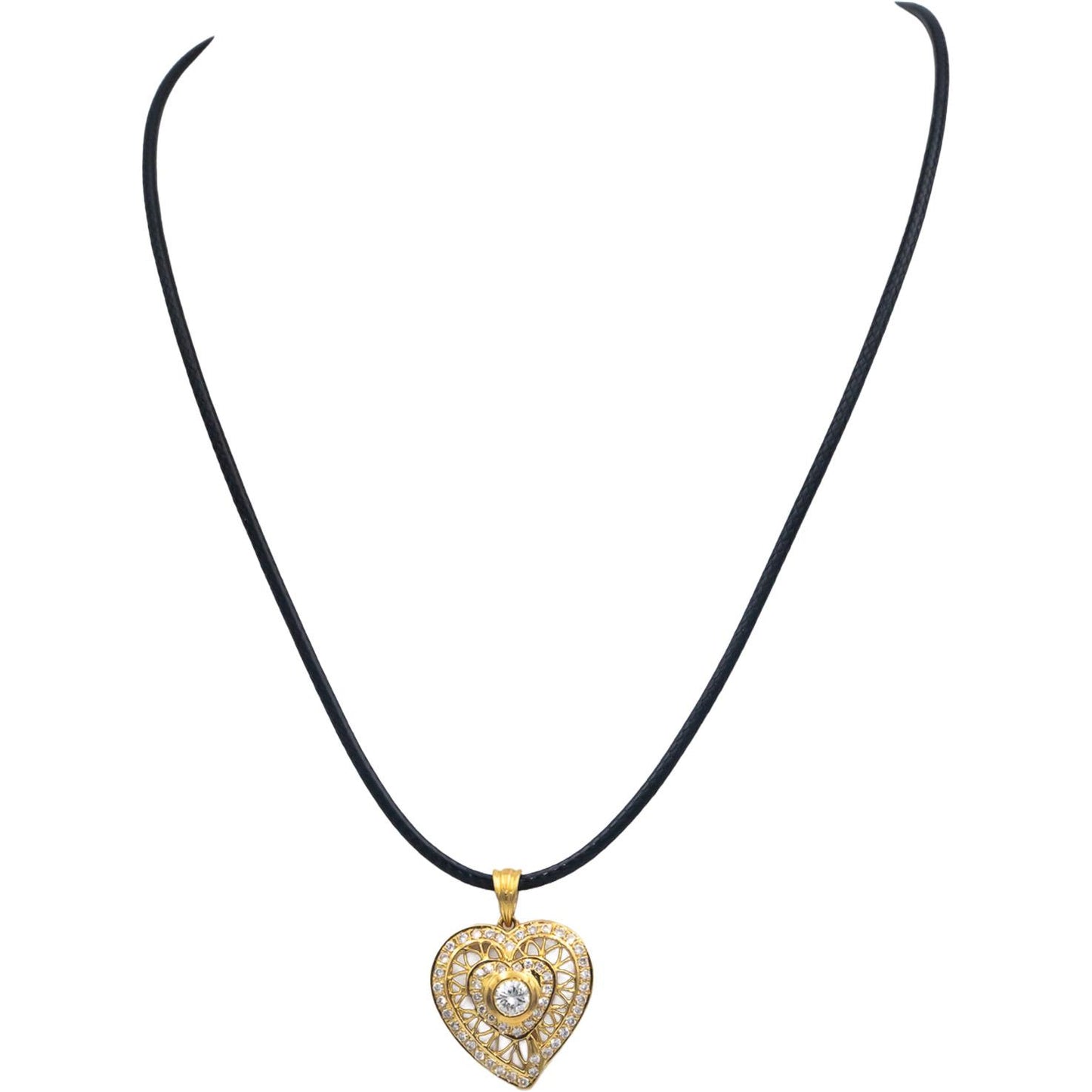 18k Yellow Gold 0.55CT Diamond Heart Pendant Necklace w/ 0.25CT Center