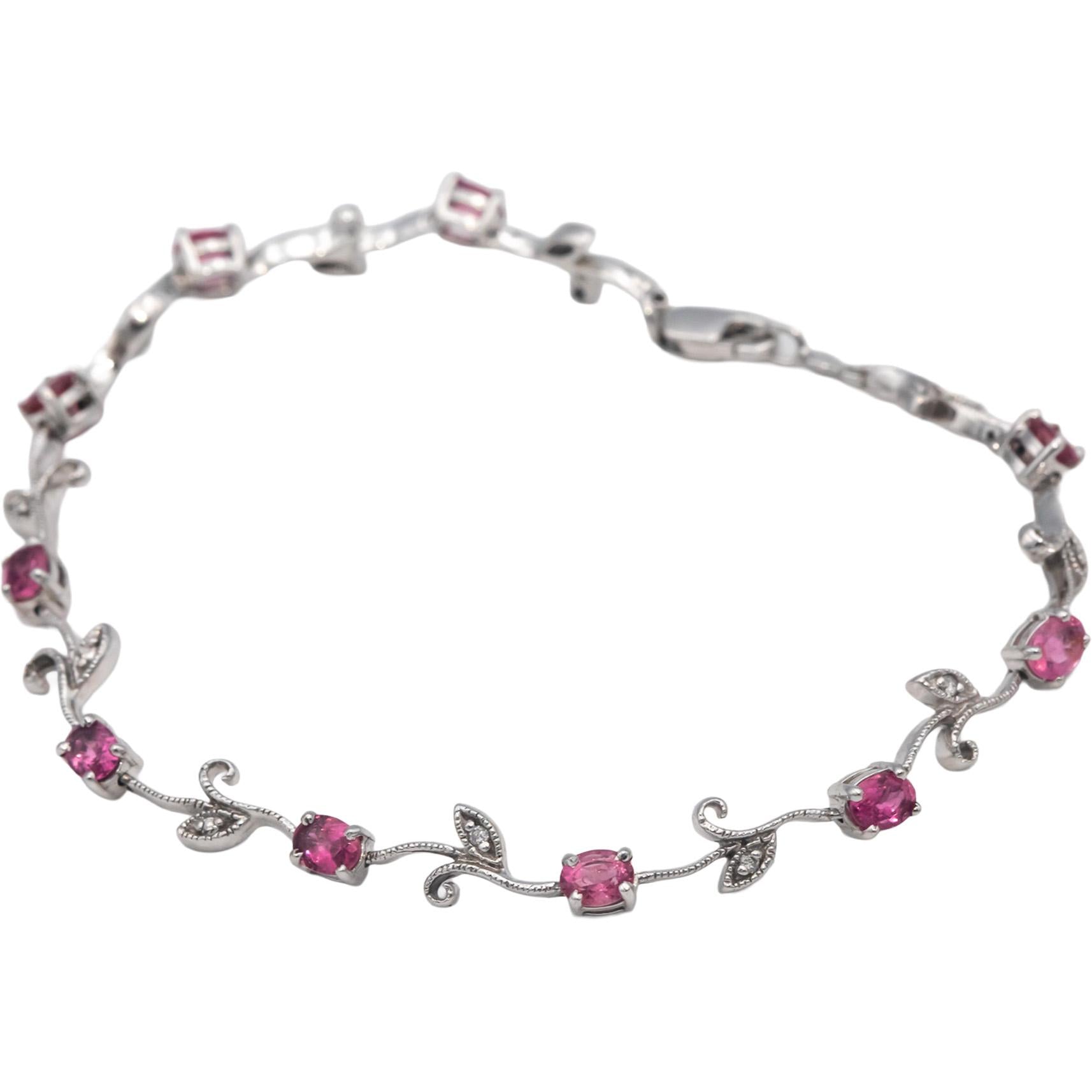 14k White Gold Diamond and Pink Tourmaline Floral Link Bracelet 1.56CT