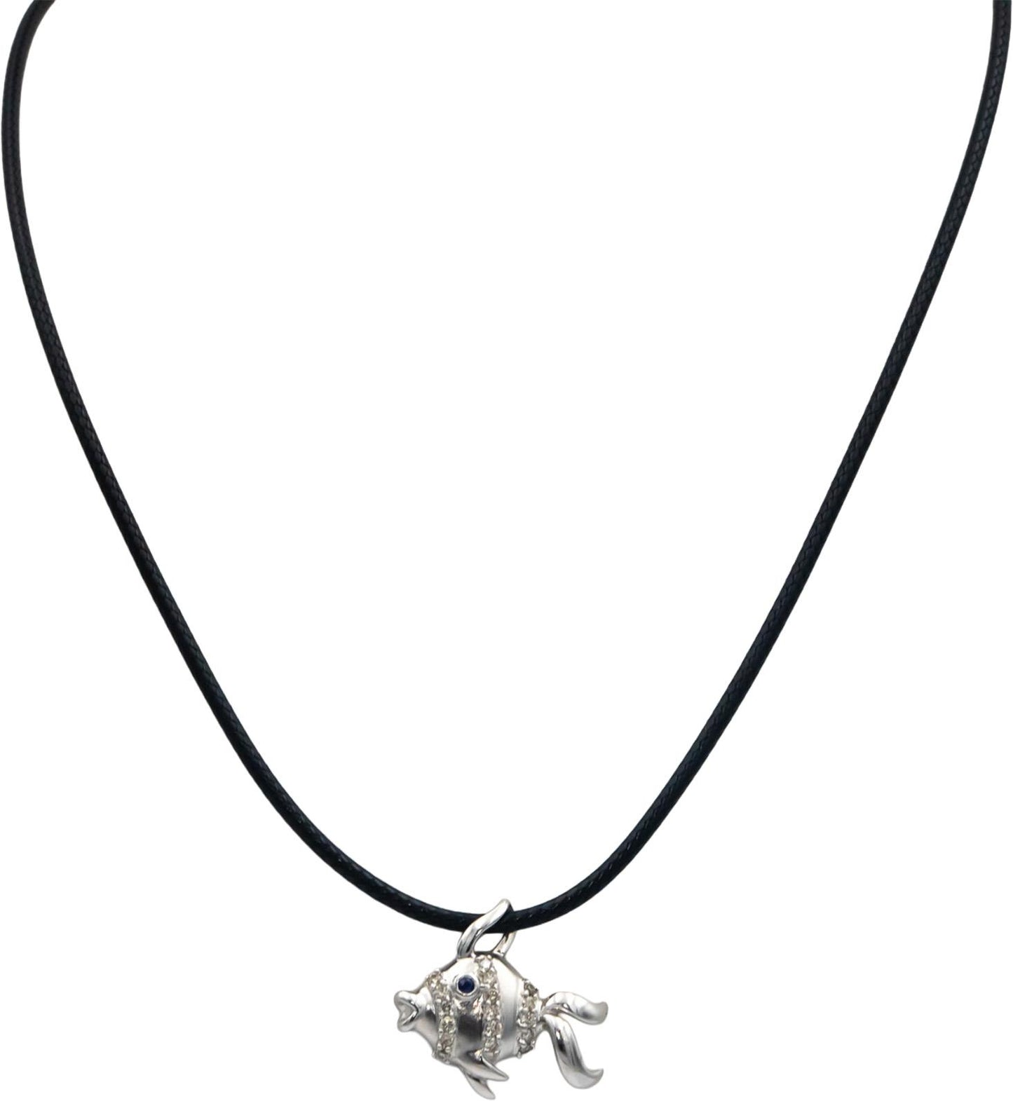 14k White Gold 0.20CT Diamond Tropical Fish Pendant Necklace w/ Sapphire Eye