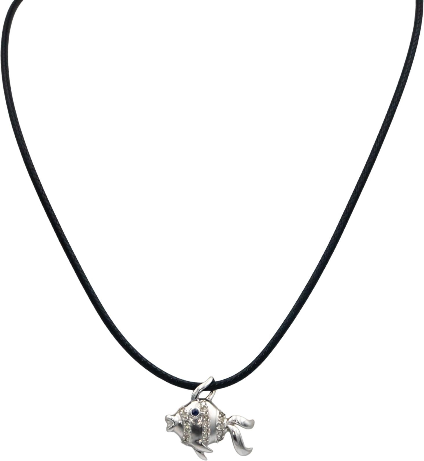 14k White Gold 0.20CT Diamond Tropical Fish Pendant Necklace w/ Sapphire Eye