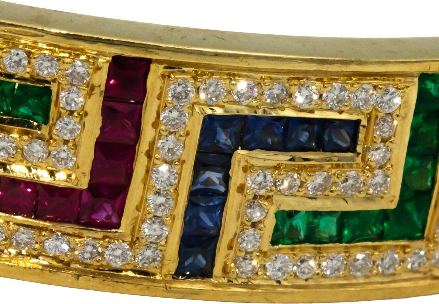 Diamond Ruby Emerald Sapphire 18k Yellow Gold Hinged Bangle Bracelet 3.70CT