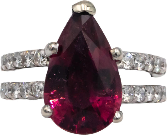 18k White Gold Round Diamond and Pear Cut Rubellite Ring 5.25CT Size 6.5