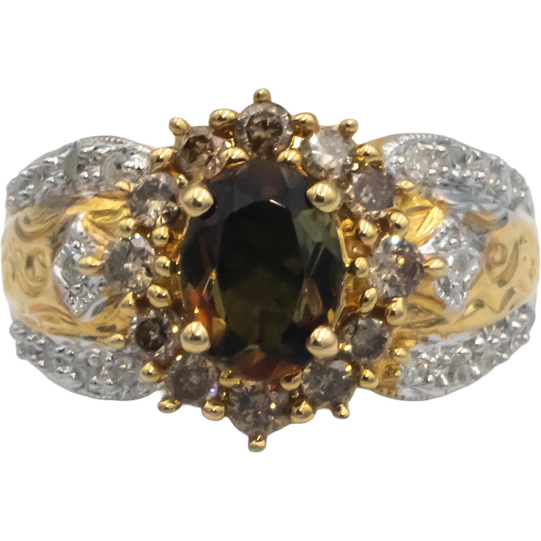 14k Yellow Gold 0.45CT Diamond and Gemstone Cluster Cocktail Ring Size 6.25