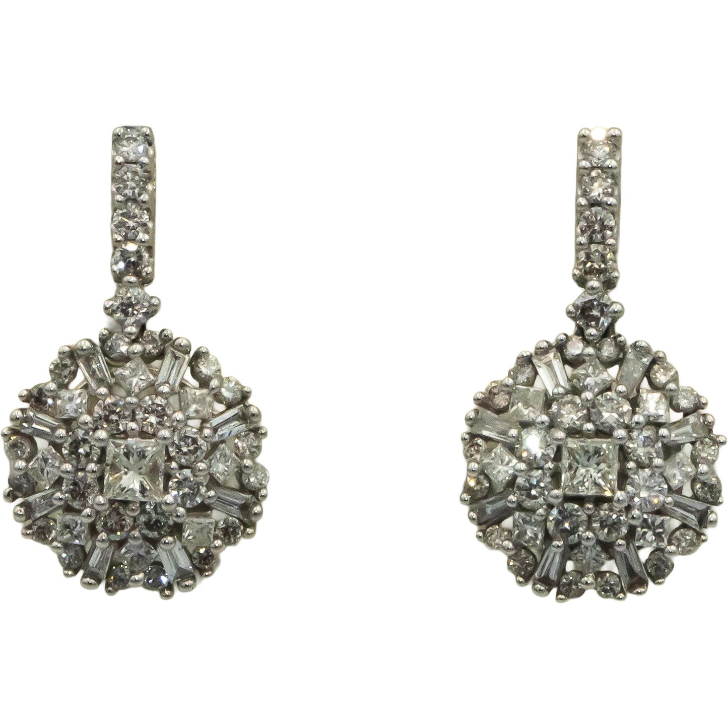 10k White Gold 1.0CT Princess Round Baguette Cluster Dangle Starburst Earrings