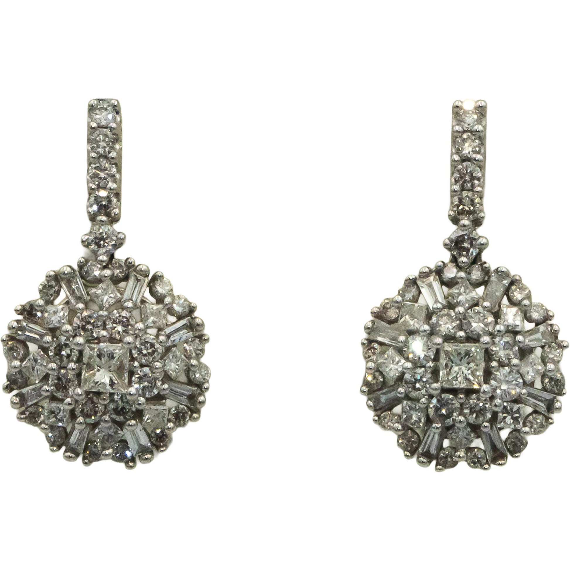 10k White Gold 1.0CT Princess Round Baguette Cluster Dangle Starburst Earrings