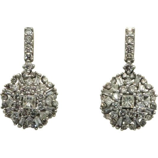 10k White Gold 1.0CT Princess Round Baguette Cluster Dangle Starburst Earrings