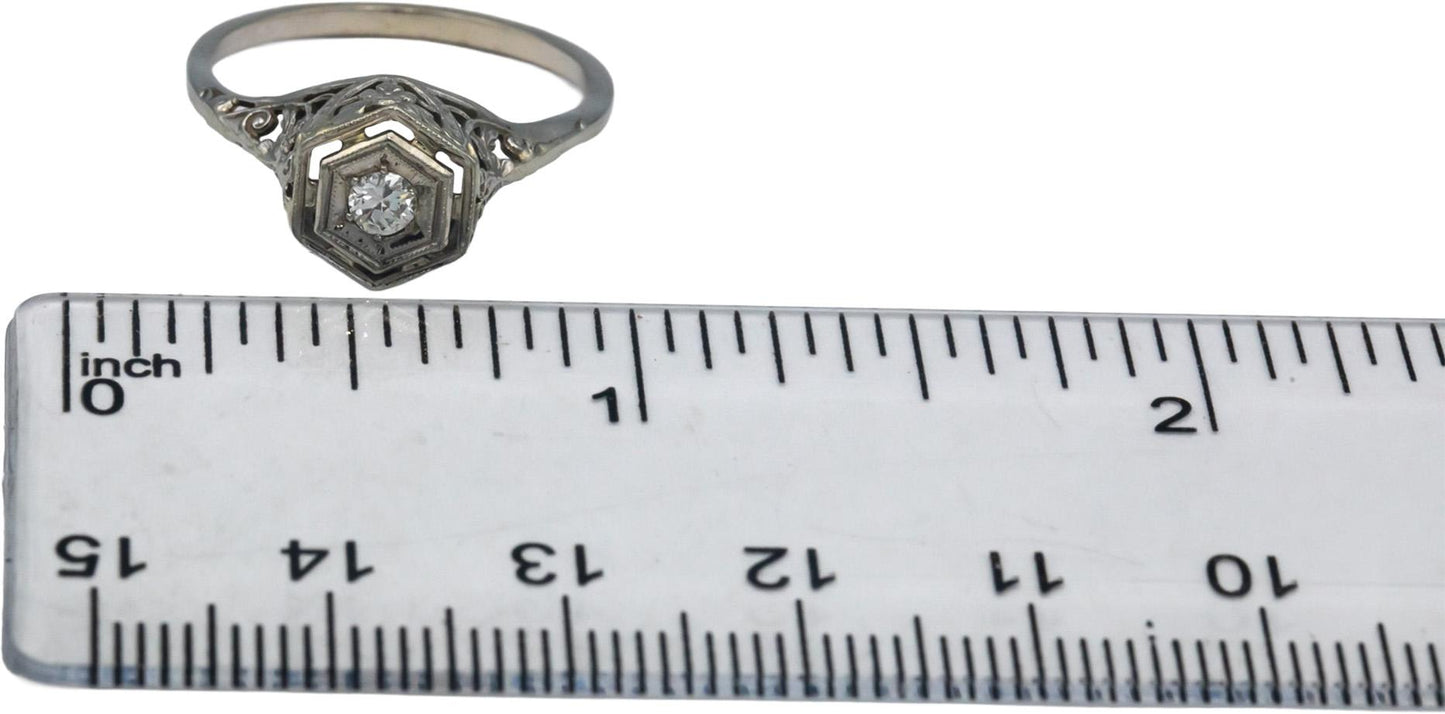Vintage Antique 14k White Gold 0.10CT VS Old Euro Diamond Filigree Ring Size 7.5