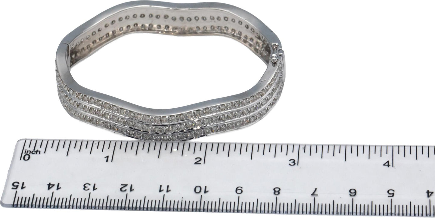 Diamond Round Cut 18k White Gold Three Row Wavy Bangle Bracelet 5.50CT