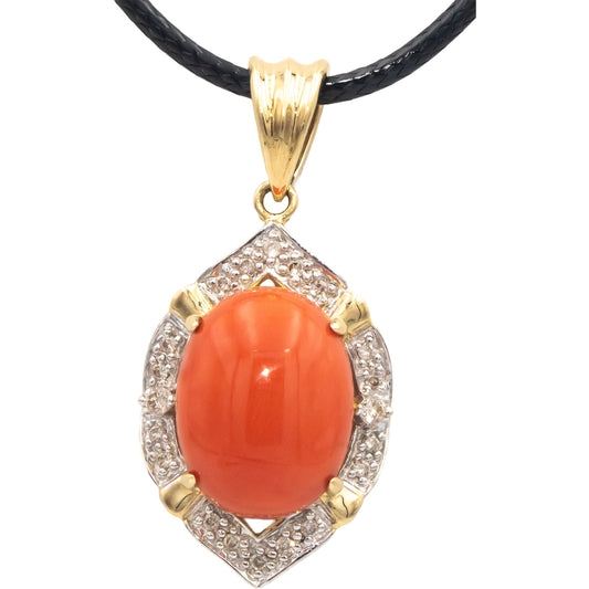 14k Yellow Gold 5.15CT Round Cut Diamond and Cabochon Coral Pendant Necklace