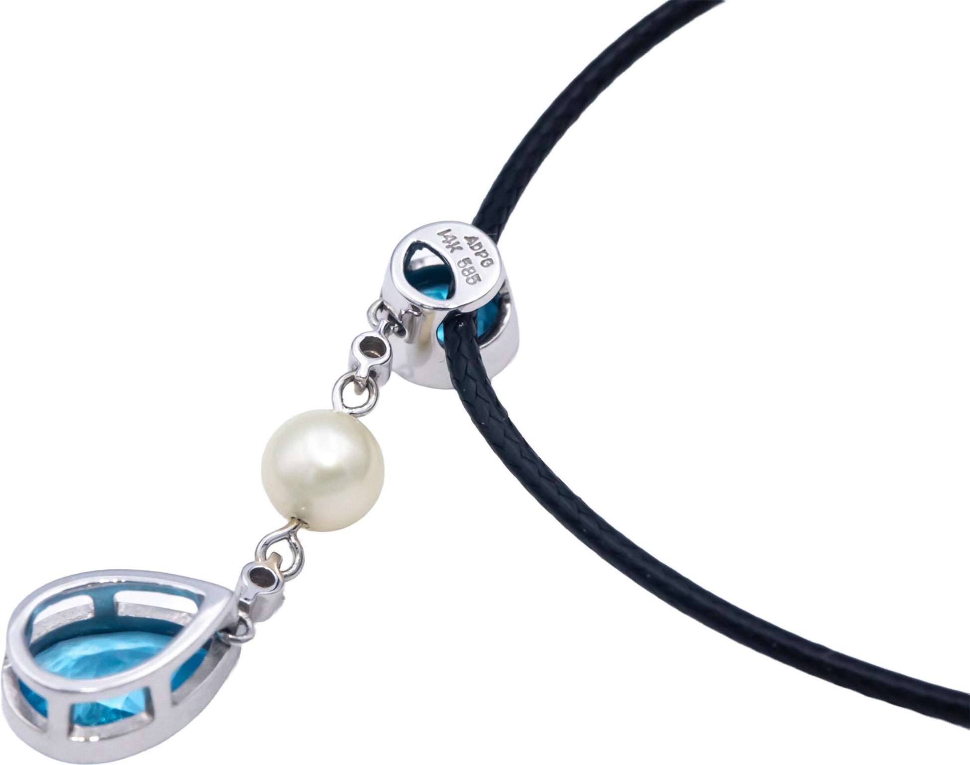 14k White Gold 2.02CT Diamond Blue Topaz 6mm Pearl Pendant Necklace
