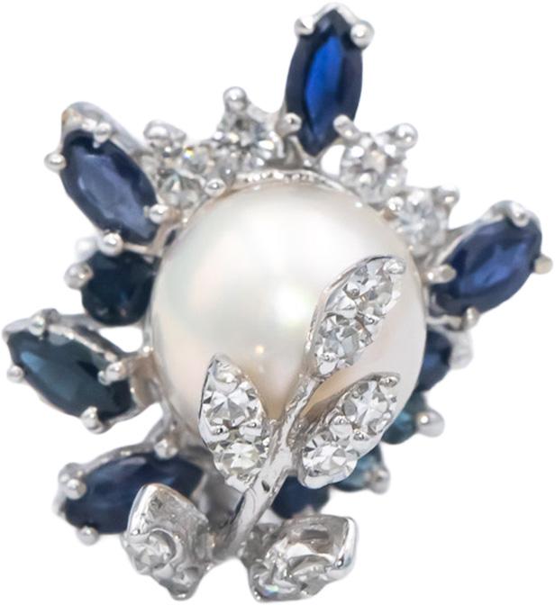 14k White Gold 1.50CT Diamond Sapphire and 10mm Pearl Cocktail Ring Size 8.25