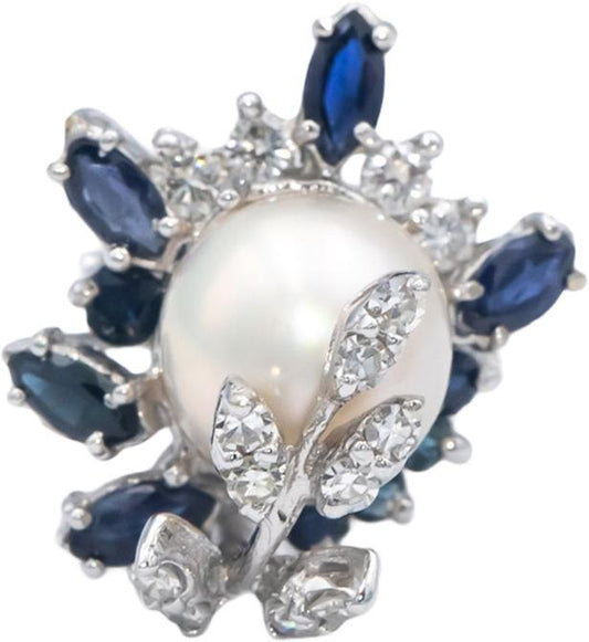 14k White Gold 1.50CT Diamond Sapphire and 10mm Pearl Cocktail Ring Size 8.25