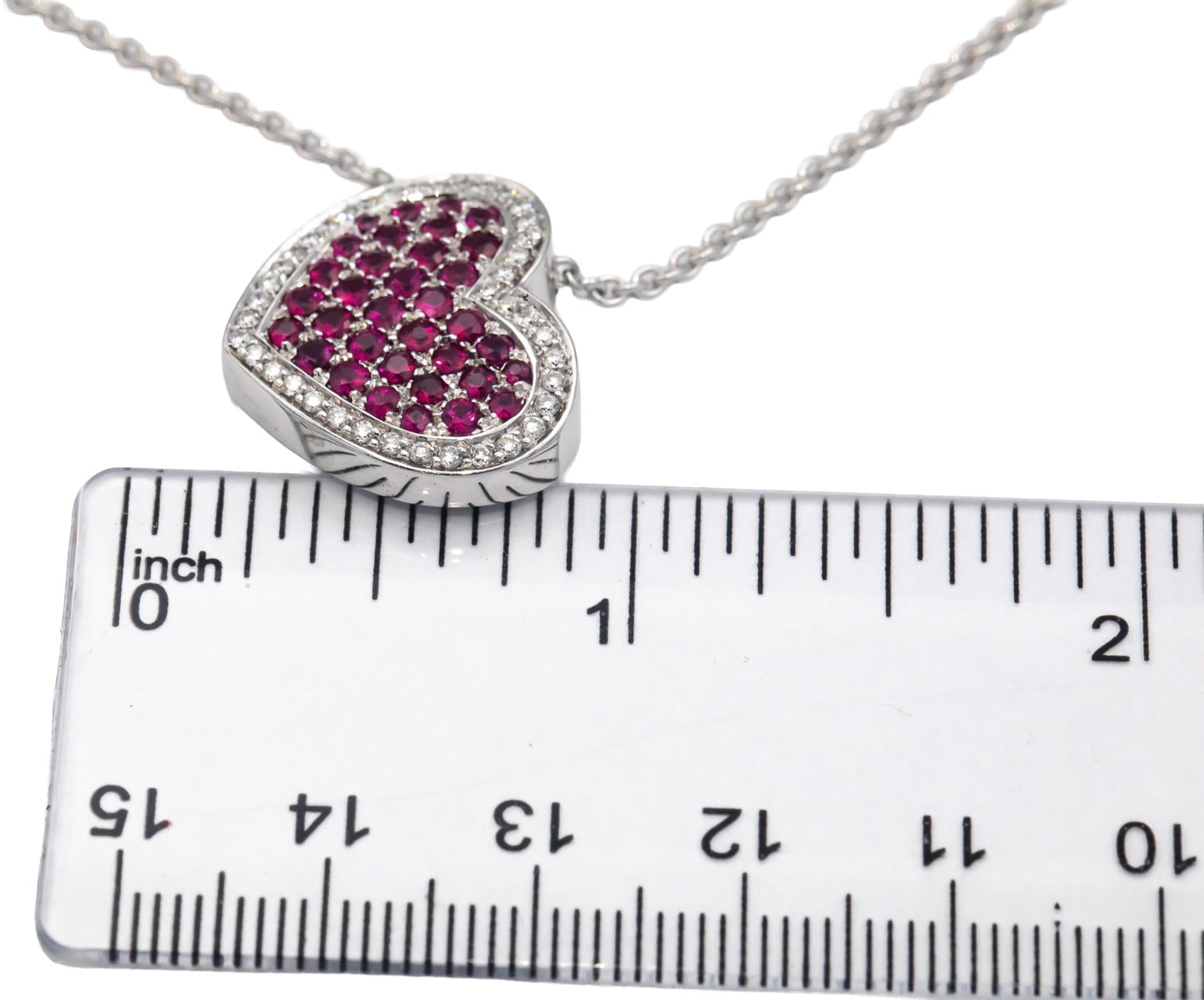 BIRKS 18k White Gold 1.46CT Diamond & Ruby Cluster Heart Pendant Chain Necklace