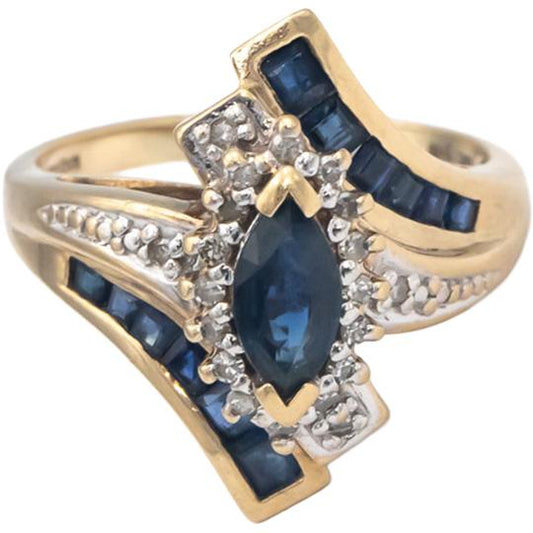 10k Yellow Gold Jewelry 1.35CT Diamond and Sapphire Cocktail Ring Size 8