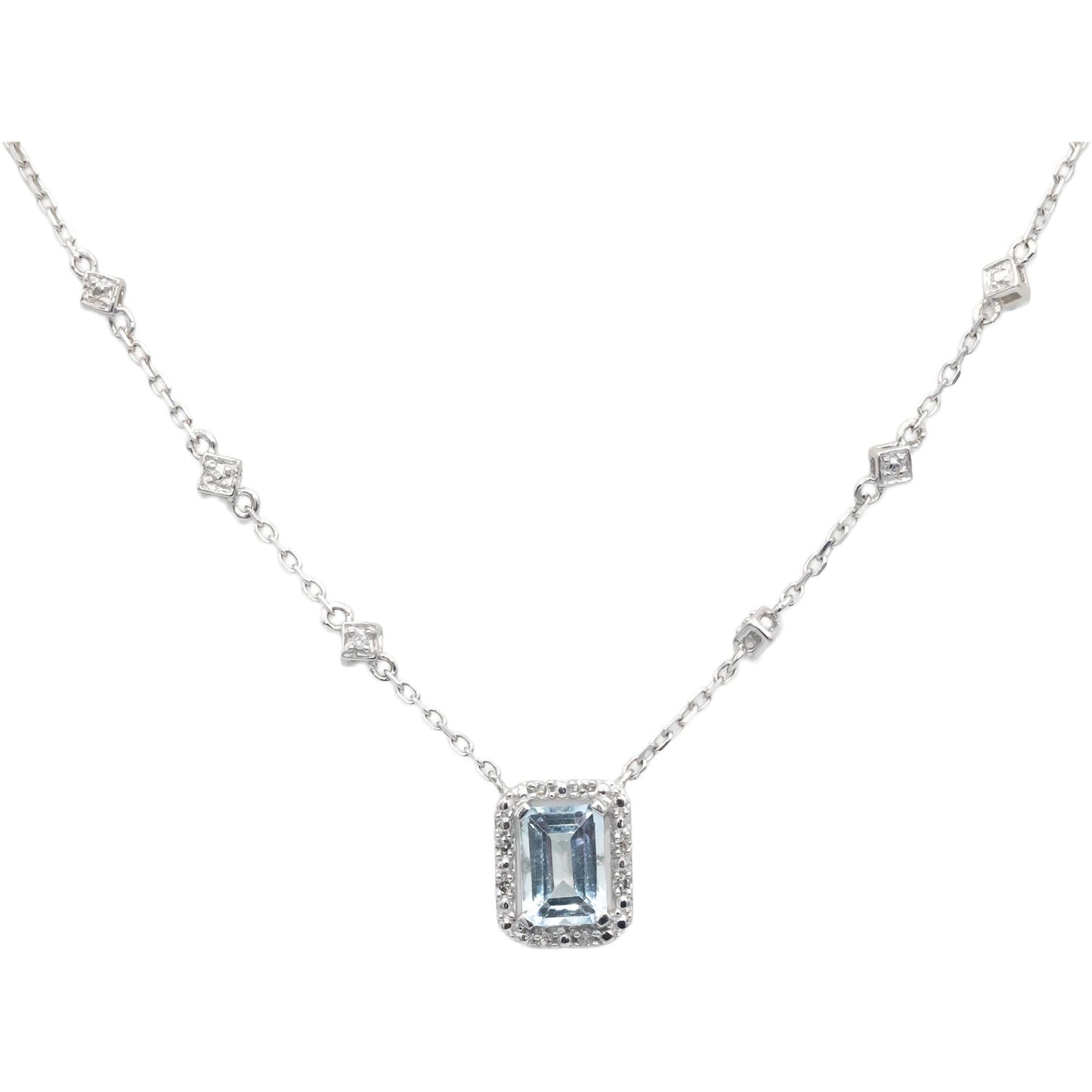 Diamond and Aquamarine 10k White Gold Jewelry Pendant Necklace 1.10CT