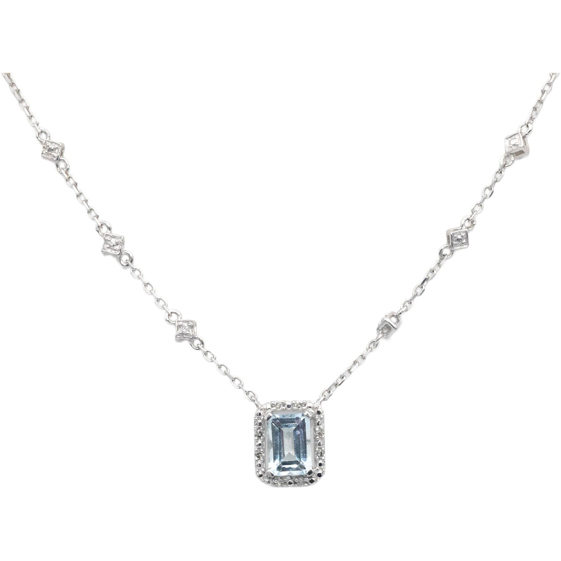 Diamond and Aquamarine 10k White Gold Jewelry Pendant Necklace 1.10CT
