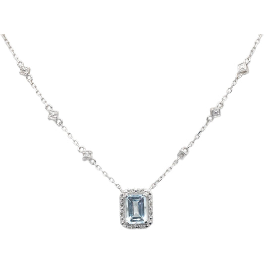 Diamond and Aquamarine 10k White Gold Jewelry Pendant Necklace 1.10CT