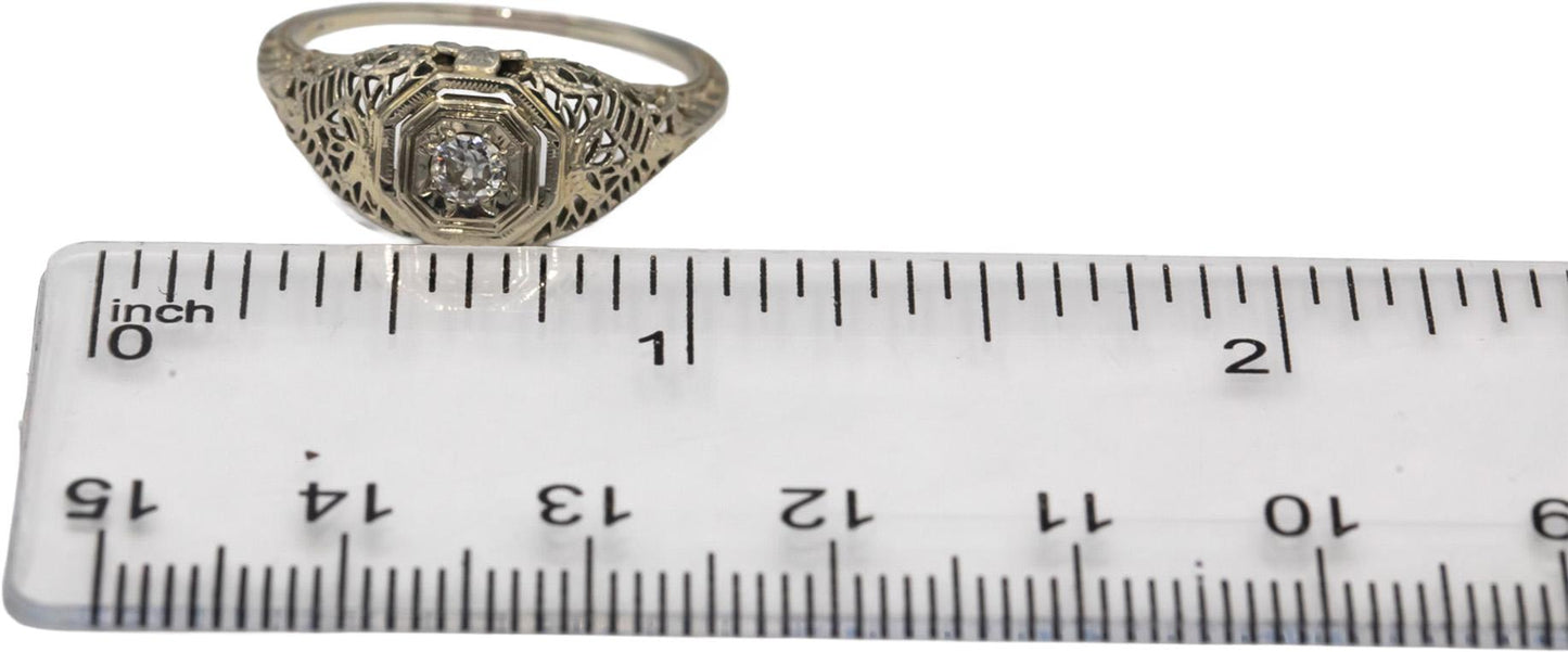Vintage Antique 18k White Gold VS Diamond Solitaire Filigree Ring 0.10CT Size 8