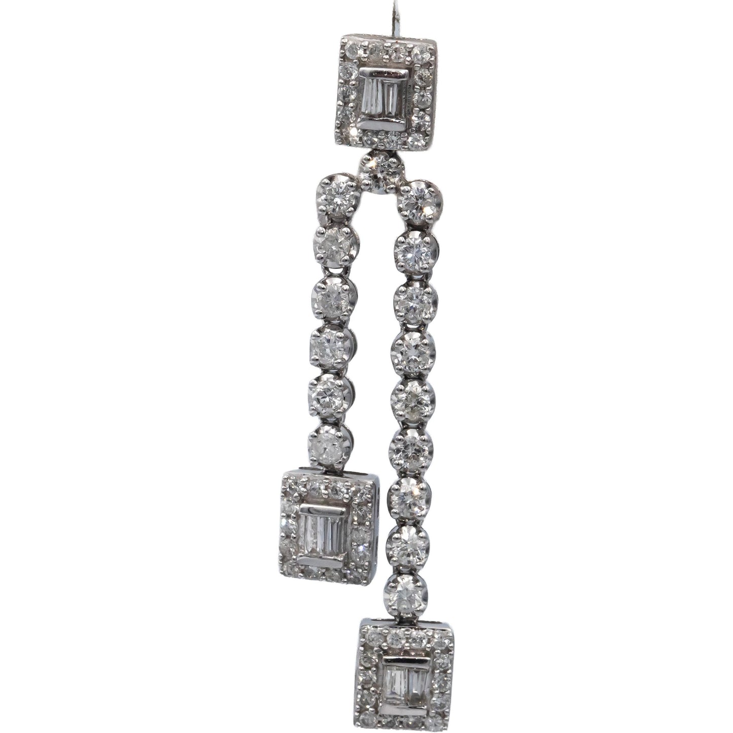 14k White Gold Round & Baguette Cut Diamond Drop Dangle Earrings 2.25CT