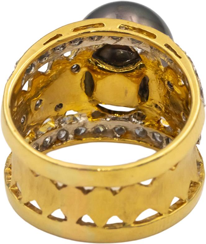 18k Yellow Gold VS Round Diamond & 11.2mm Black Tahitian Pearl Ring 1.0CT Size 8