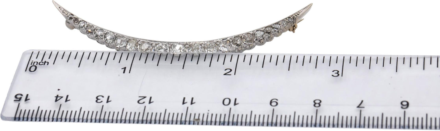 Vintage Antique 14k White Gold Old Mine & Euro Diamond Crescent Moon Pin 1.50CT