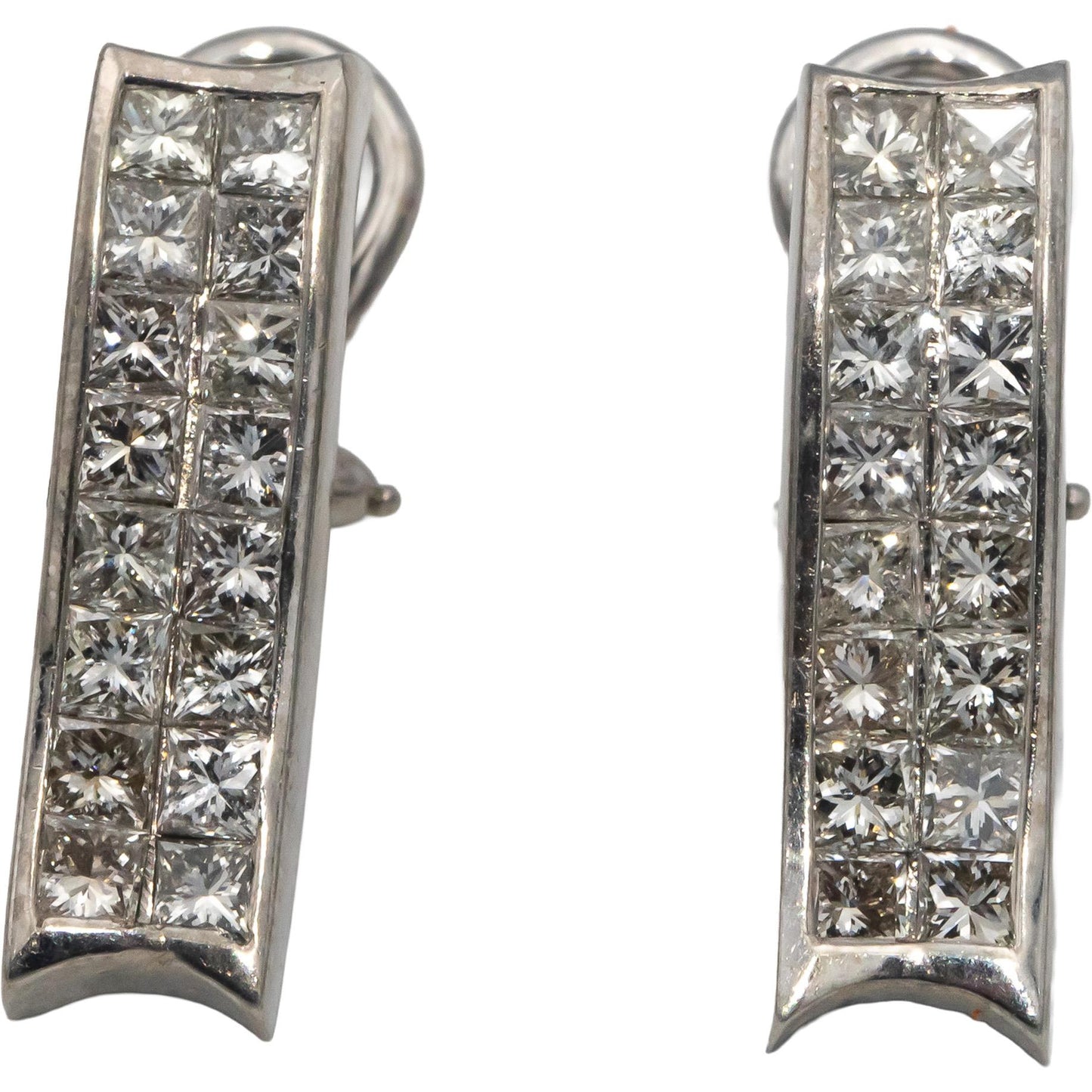 18k White Gold VS Princess Cut Channel Set Diamond Wavy Drop Earrings 3.0CTW