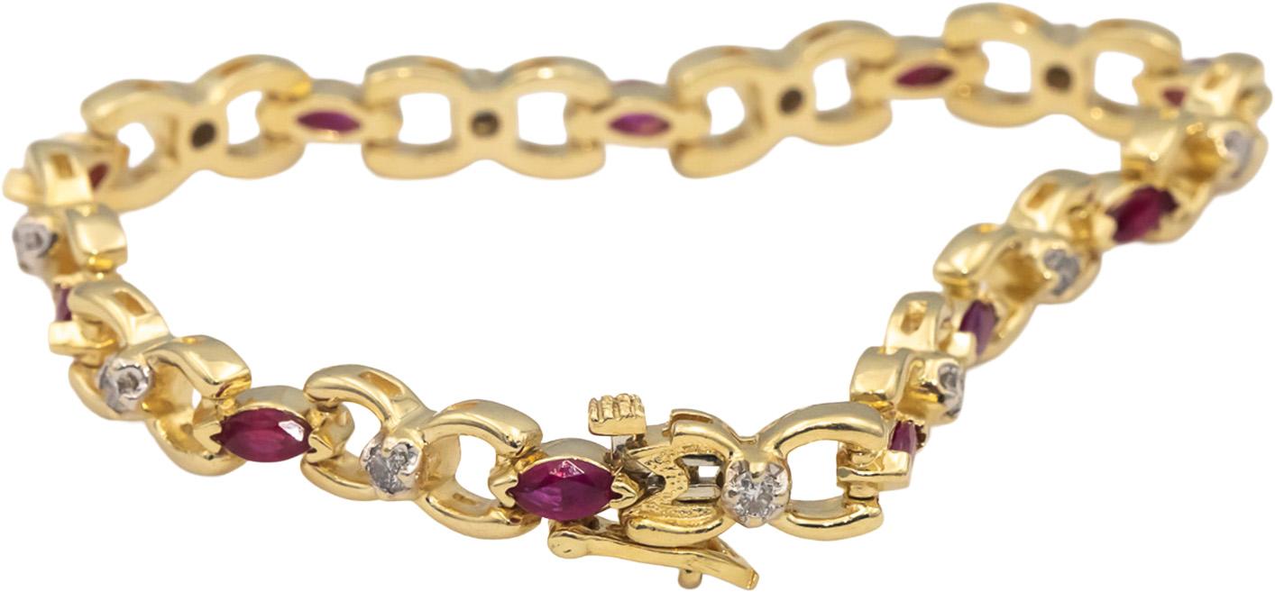 14k Yellow Gold Marquise Ruby Round Diamond Fancy Link Bracelet 1.55CT