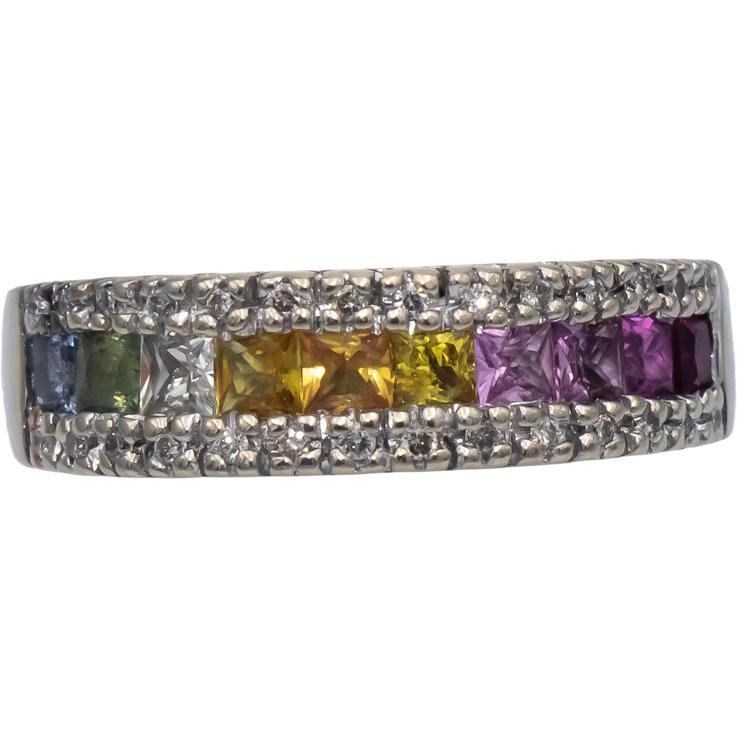 14k White Gold Rainbow Sapphire & Diamond Band Ring 1.50CT Size 7.25