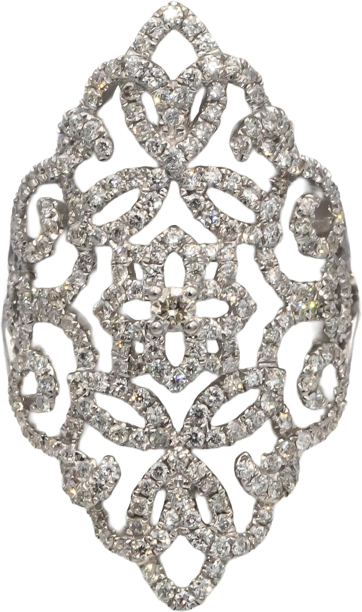 14k White Gold Round Diamond Filigree Cocktail Ring 1.25CT Size 7