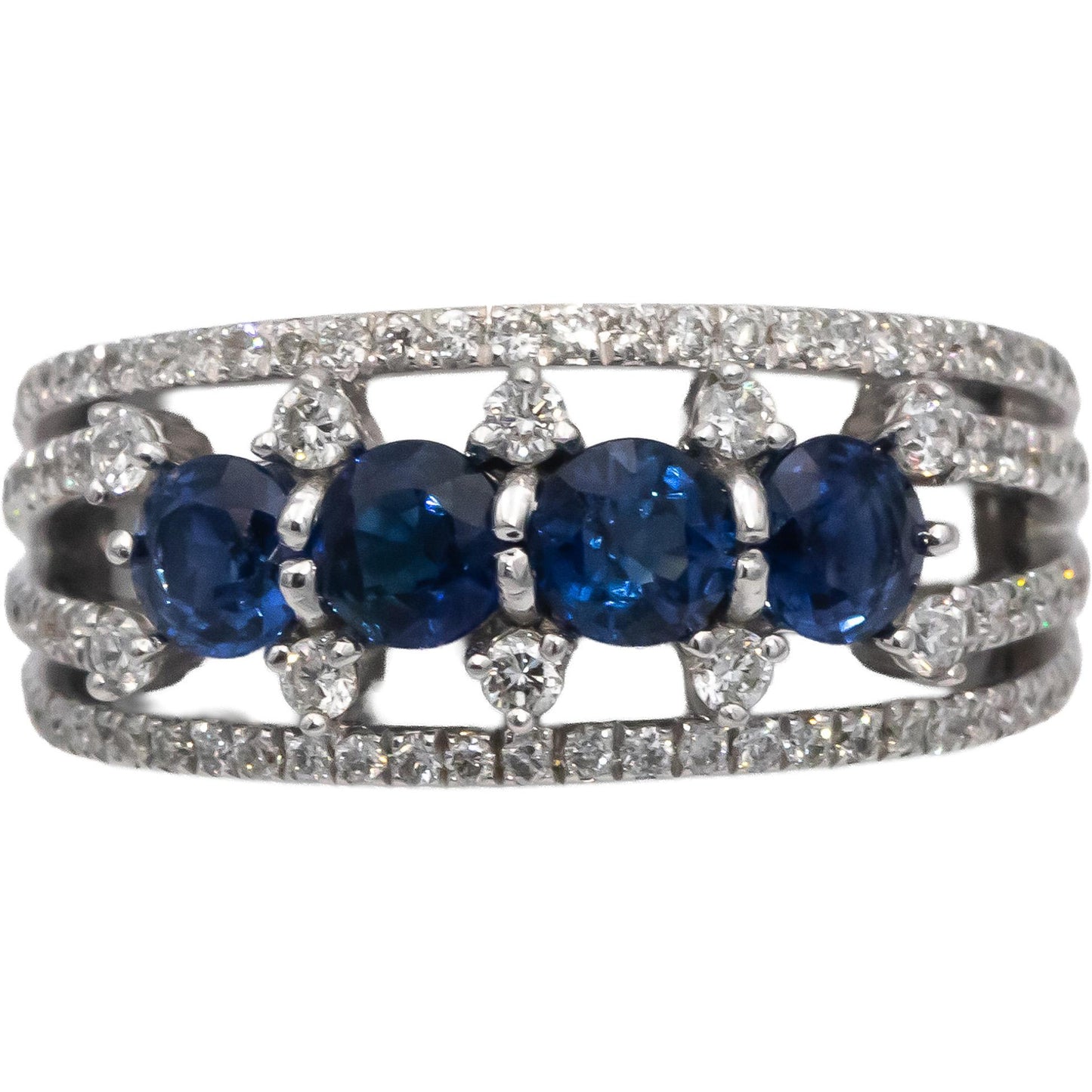 14k White Gold Round Blue Sapphire & VS Diamond Cocktail Ring 1.50CT Size 7