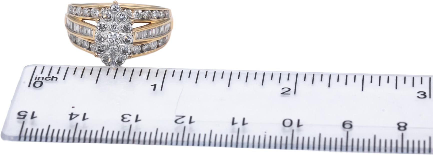 14k Yellow Gold Round & Baguette Diamond Cluster Cocktail Ring 1.50CT Size 7.25