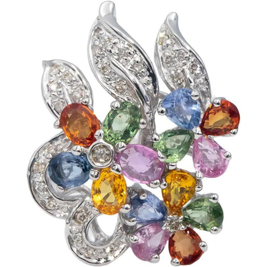 Designer 18k White Gold Diamond & Rainbow Sapphire Flower Ring 1.50CT Size 7.25