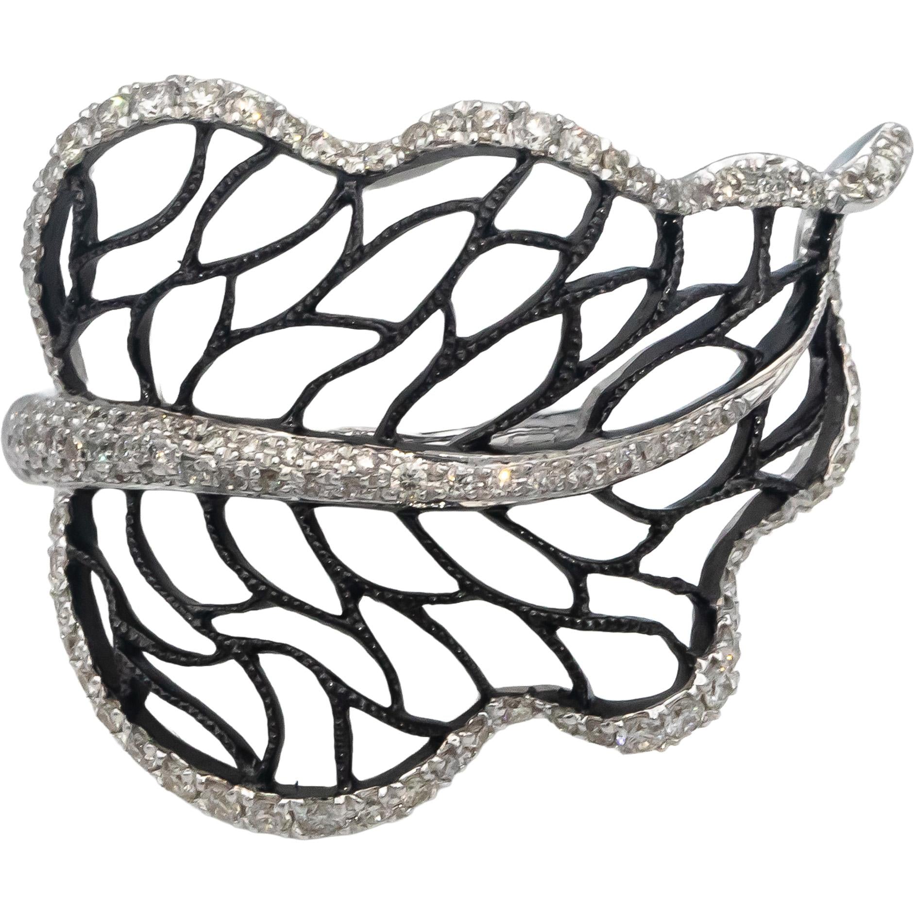 14k White Gold Round Diamond Floral Openwork Leaf Cocktail Ring 0.50CT Size 6.5