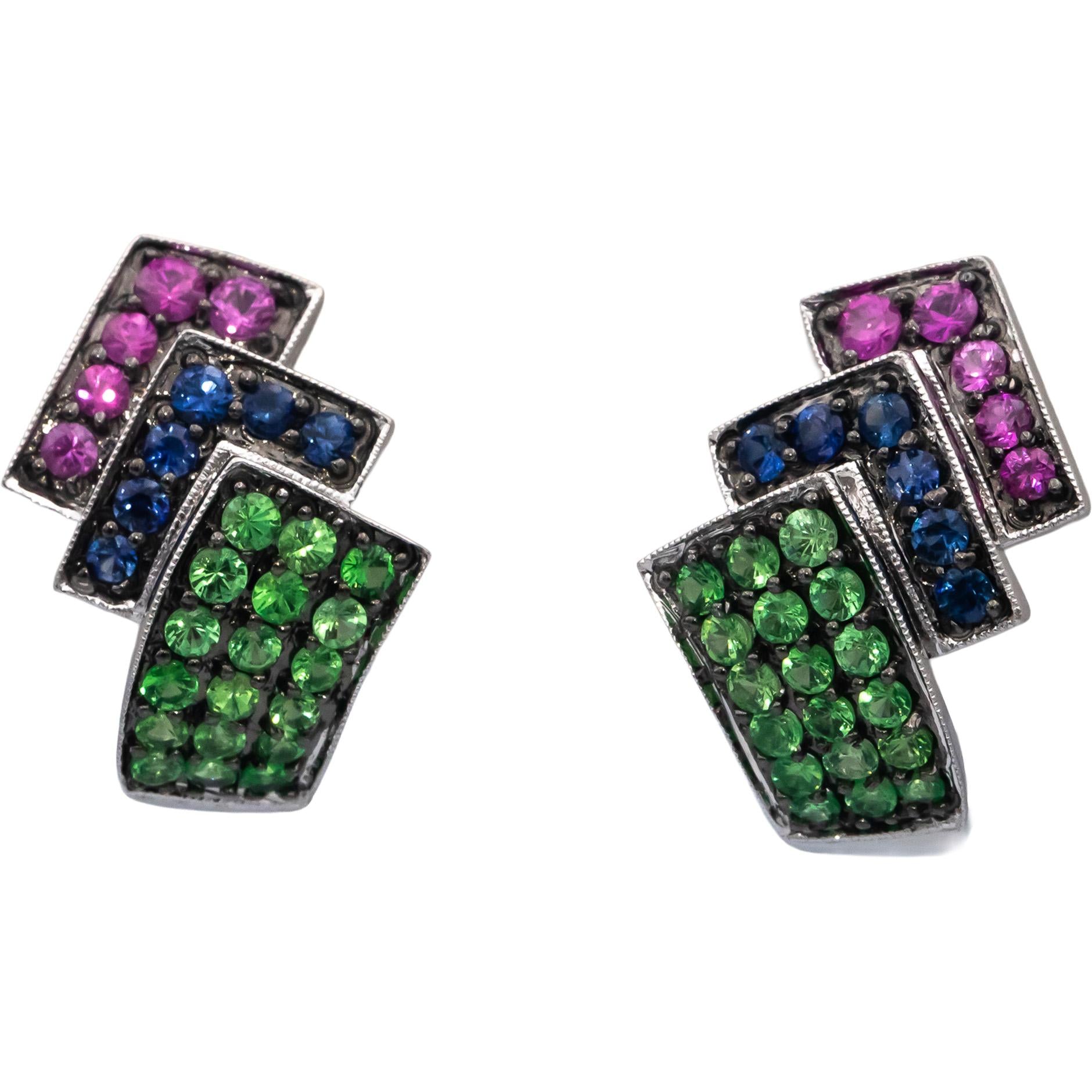 14k White Gold Round Spinel Iolite Tsavorite Gemstone Cluster Earrings 1.50CTW