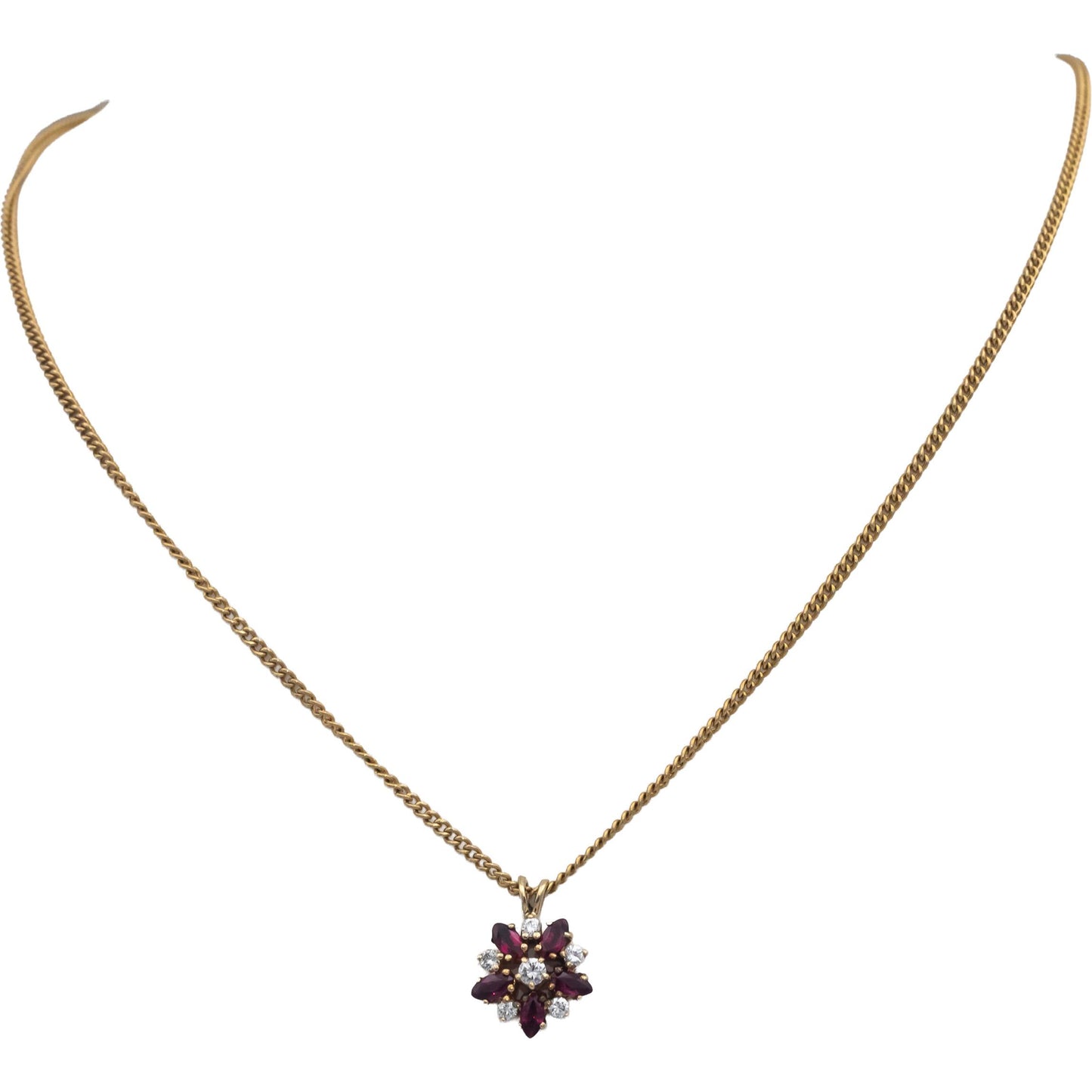 14k Yellow Gold Diamond and Ruby Floral Cluster Pendant Necklace 0.55CT