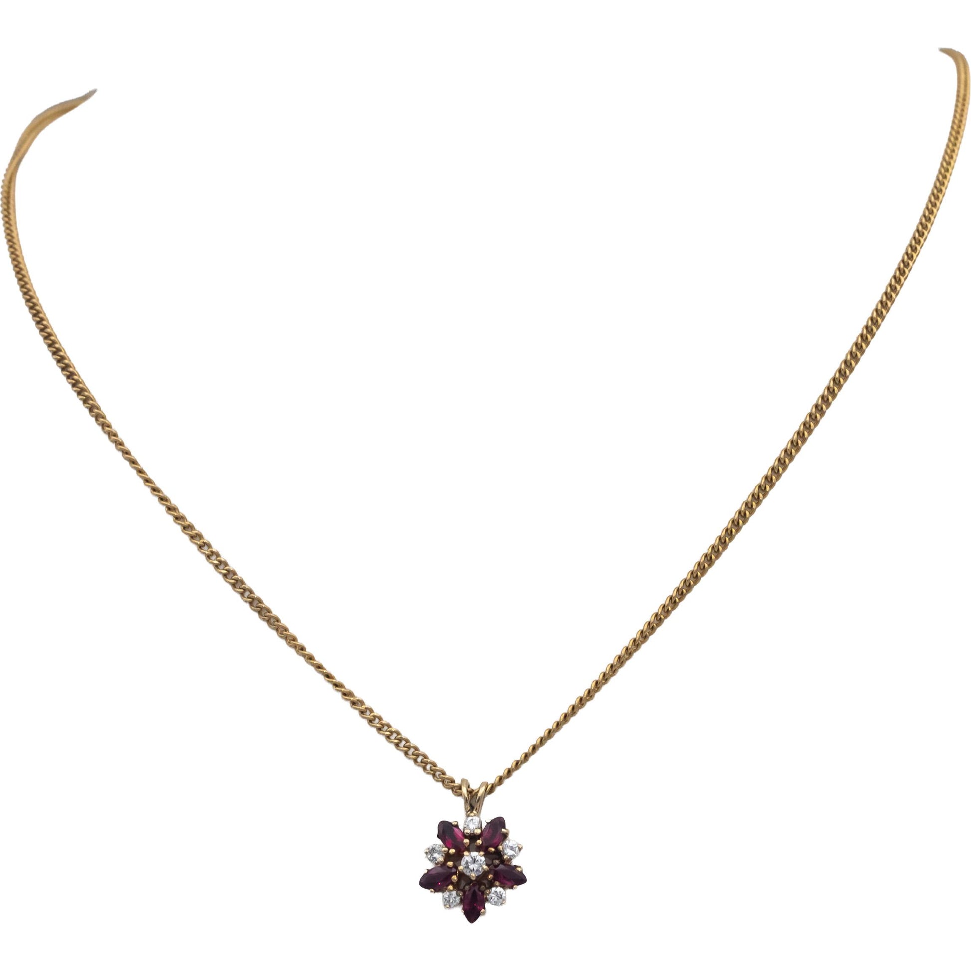 14k Yellow Gold Diamond and Ruby Floral Cluster Pendant Necklace 0.55CT