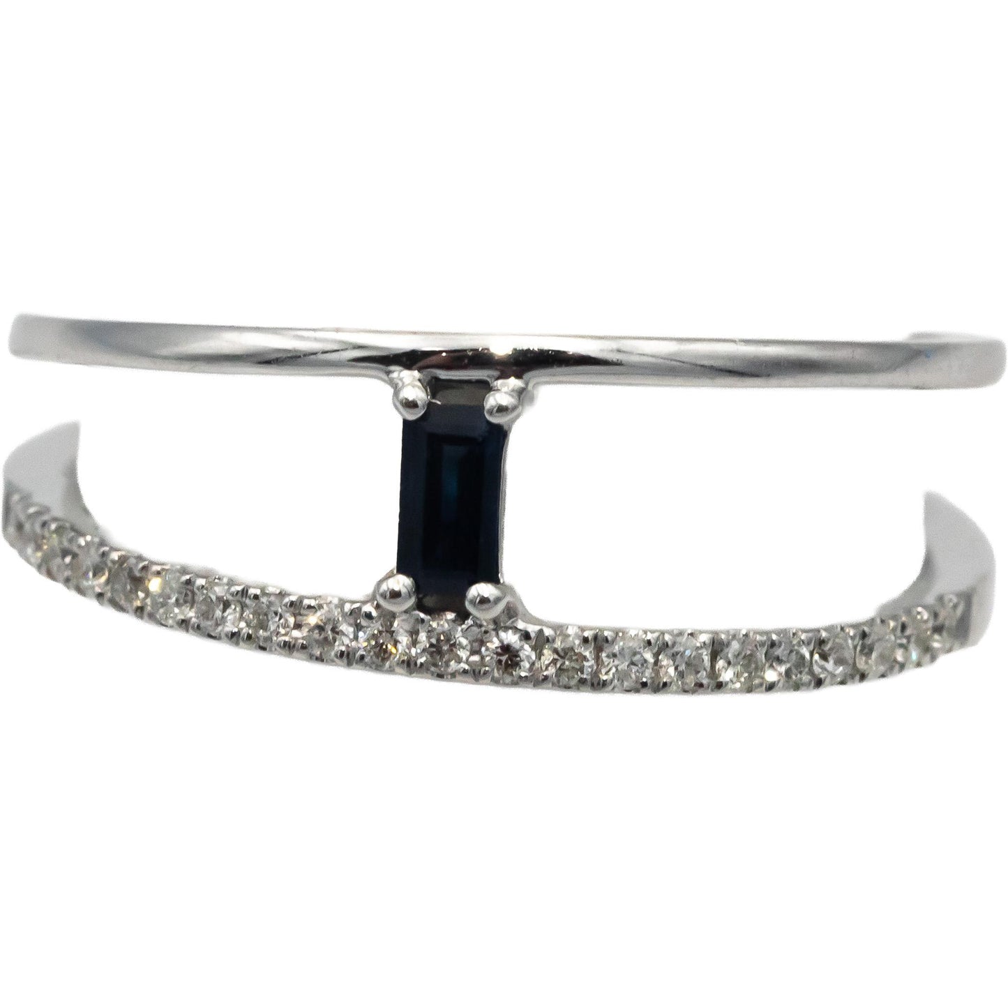 18k White Gold Diamond Emerald Cut Sapphire Split Band Ring .21CT Size 7.25