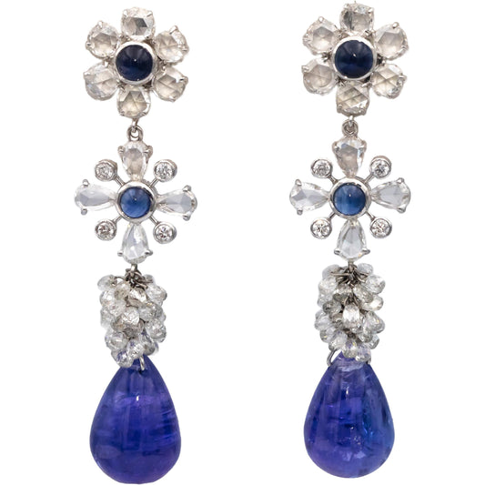 18k White Gold Diamond Sapphire Tanzanite Drop Dangle Flower Earrings 18.60CTW